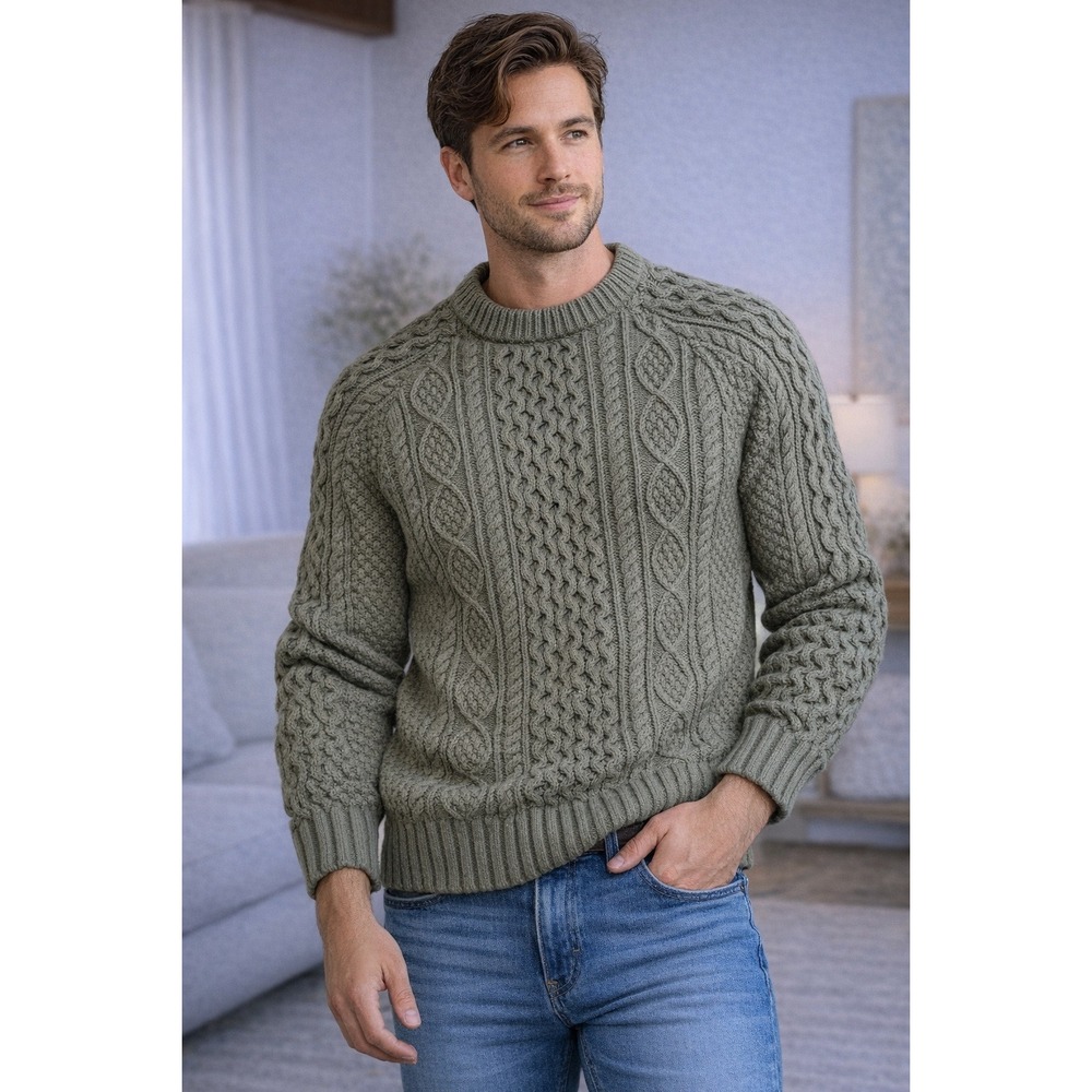 L.L.‎ Bean Signature Fisherman Cable Knit Sweater Olive Green Cotton S